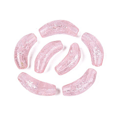 Pink Handmade Lampwork Beads Strands, Curved Tube, with Silver Powder, Pink, 26~29x9~11mm, Hole: 1.4~3.5mm, about 20pcs/strand, 20.08~21.26 inch(51~54cm)
