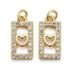 Golden Brass Micro Pave Clear Cubic Zirconia Pendants, Long-Lasting Plated, Rectangle with Heart, Golden, 14.5x7x2mm, Jump Ring: 5x0.7mm, Inner Diameter: 3.5mm