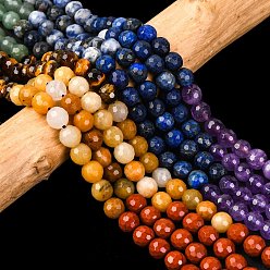Смешанные камни Тема чакры, натуральная красная радужная яшма, желтый авантюрин, тигровый глаз, зеленый авантюрин, синий пятнистый камень, нити бус из лазурита и аметиста, граненые, круглые, чакра, 6 мм, отверстие : 0.5 мм, около 63 шт / нитка, 15.55 дюйм (39.5 см)