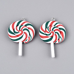 Зеленый Полимерной глины ручной работы подвески, леденец, с железными петлями, Рождество, зелёные, 44.5~46x26~29x7~7.5 мм, отверстие : 2 мм