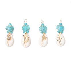 Бирюза 4 шт. 4 стили подвески из натуральной раковины каури и окрашенной синтетической бирюзы в виде черепахи, обмотанные медной проволокой, с подвесками из нержавеющей стали в виде солнца, луны и звезд, золотые, бирюзовые, 45x15x7 мм, отверстие : 4 мм, 1 шт / стиль