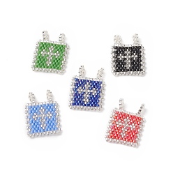 Mixed Color Handmade Loom Pattern MIYUKI Seed Beads, Rectangle with Cross Pendants, Mixed Color, 23x17x1.5mm, Hole: 1.8mm