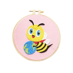 Bees Animal Theme DIY Display Decoration Punch Embroidery Beginner Kit, Including Punch Pen, Needles & Yarn, Cotton Fabric, Threader, Plastic Embroidery Hoop, Instruction Sheet, Bees, 155x155mm