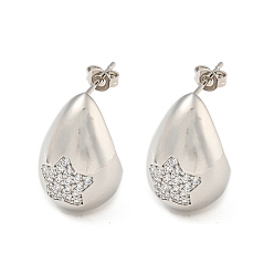 Platinum Brass with Cubic Zirconia Stud Earrings, Teardrop, Platinum, 21.5x14mm