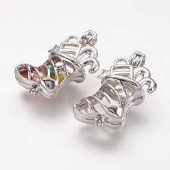 Platinum Brass Locket Pendants, Cage Pendants, Rack Plating, Christmas Stocking, Cadmium Free & Nickel Free & Lead Free, Platinum, 29x18x11.5mm, Hole: 2.5x3.5mm, Inner: 12x14mm