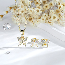 Золотой Комплекты из латунных подвесок-бабочек с микропаве из кубических цирконий и серег-гвоздиков для женщин, золотые, ожерелья: 17.72 дюйм(450мм); серьги: 9x10мм