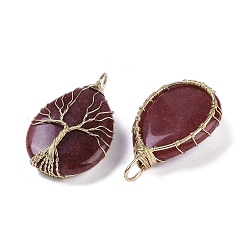 White Jade Natural White Jade Dyed Big Pendants, Teardrop Charms with Copper Wire Wrapped Tree, Golden, Dark Red, 49~51.5x31x10~11mm, Hole: 6x5.5mm