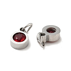 Dark Red 304 Stainless Steel Pendants, with Cubic Zirconia and Jump Rings, Single Stone Charms, Flat Round, Stainless Steel Color, Dark Red, 7.5x5.5x2.5mm, Hole: 3.6mm