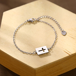 Stainless Steel Color 304 Stainless Steel Rectangle with Hollow Cross Link Bracelets, Cable Chain Bracelets for Women, Tarnish Free, Stainless Steel Color, 6.69 inch(17cm)