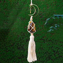 Тигровый глаз Хлопок макраме ручной работы с подвеской из натурального тигрового глаза, луна со звездой для внутреннего зеркала заднего вида автомобиля подвесной орнамент, 420~430 мм