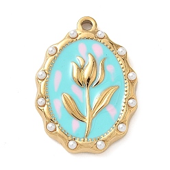 Голубой 304 нержавеющей стальной эмали подвески, с абс пластмассовой имитационной жемчужиной, ионное покрытие (ip), овал с цветочной подвеской, реальный 18 k позолоченный, голубой, 21x15.5x3 мм, отверстие : 1.5 мм