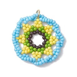 Светло-Голубой Подвески из стеклянных бусин, Подвески в виде цветов с открытыми соединительными кольцами из нержавеющей стали., реальный 304 k позолоченный, Небесно-голубой, 18 мм, отверстие : 28.5x4 мм