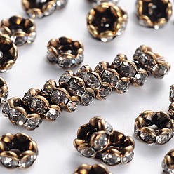Antique Bronze Rack Plating Brass Beads, with A Rhinestone, Wave Side, Cadmium Free & Lead Free, Antique Bronze, 6x3mm, Hole: 1.5mm