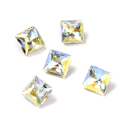 Light Crystal AB Light AB Style K9 Glass Cabochons, Pointed Back & Back Plated, Faceted, Square, Light Crystal AB, 6x6x3.7mm