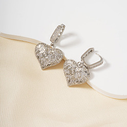 Серебро Серьги-кольца в форме сердца из латуни с прозрачным кубическим цирконием во французском стиле, серебряные, 35x22 мм