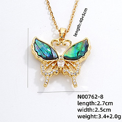 Бабочка Модные латунные подвески-паве из натуральной ракушки пауа и прозрачного кубического циркония для повседневных вечеринок, золотые, бабочка, 15.75 дюйм (40 см)