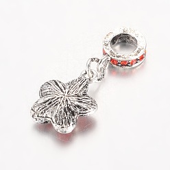 Mixed Color Flower Antique Silver Plated Alloy Rhinestone European Dangle Charms, Large Hole Pendants, Mixed Color, 29x12x4.5mm, Hole: 5mm