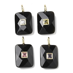 Обсидиан Природные подвески обсидиана, Подвески с прямоугольной огранкой и латунной микропаве из кубических цирконий разных цветов, золотые, 26.5x15x6.5~7 мм, отверстие : 2.5x3.5 мм
