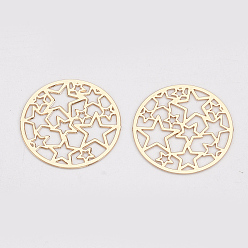 Light Gold Латунь филигрань столяры ссылки, гравированные металлические украшения, долговечный, плоские круглые со звездой, золотой свет, 17.5x0.3 мм
