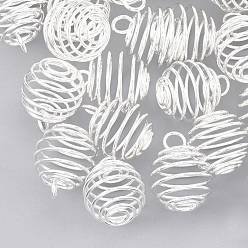 Silver Iron Wire Pendants, Spiral Bead Cage Pendants, Round, Silver Color Plated, 17x14mm, Hole: 3.5mm