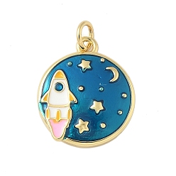 Средно-синий Латунь эмаль подвески, плоский круг с подвеской в виде ракеты, с целью перехода в кольце, без свинца и без кадмия, долговечный, стойки покрытие, реальный 18 k позолоченный, светло-синий, 18.5x16x3.5 мм, отверстие : 3.5 мм