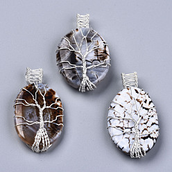 Feuer Achat Natürlicher Feuerachat Draht gewickelt große Anhänger, mit versilbertem Messingdraht, oval mit Baum des Lebens, 51~54x28~31x9~14 mm, Bohrung: 4x5~6 mm