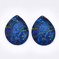 Colorful Printed Wooden Big Pendants, Dyed, teardrop, Colorful, 64.5x46x2.5mm, Hole: 1.2mm