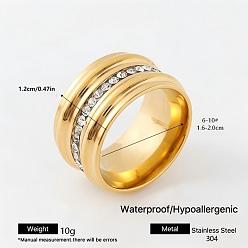 Golden 304 Stainless Steel Rhinestone Wide Band Finger Rings, Golden, 12mm, US Size 7(17.3mm)
