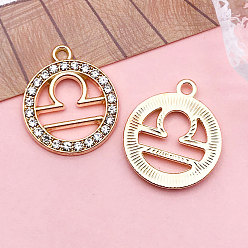 Весы Подвески из хрусталя из цинкового сплава, плоско-круглые, созвездие, золотой свет, Весы, 21x18 мм