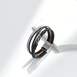 Черный Богемные браслеты из искусственной кожи с несколькими рядами, браслеты с бесконечным звеном и магнитной застежкой из сплава, чёрные, 7-5/8 дюйм (19.4 см), 17 мм