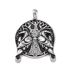 Античное Серебро 304 подвески из нержавеющей стали, плоский круглый с подвеской в виде ворона и дерева, античное серебро, 45.5x32.5x4 мм, отверстие : 5 мм