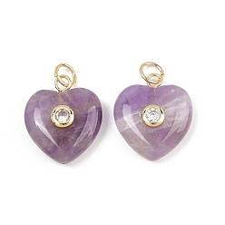 Améthyste Pendentifs en pierre améthyste naturel, breloques en forme de cœur avec sertissage pavé en laiton et zircone cubique, réel 18 k plaqué or, sans cadmium et sans plomb, crémaillère plaquage, plaqué longue durée, 18~18.5x15x6~7mm, Trou: 3mm