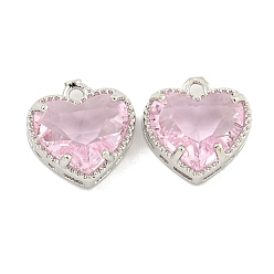 Pink Стойки обшивки латунные прелести, со стеклом, долговечный, без свинца и без кадмия, сердце, платина, розовые, 12x12x5.5 мм, отверстие : 1.2 мм