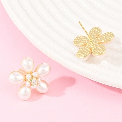 Кремово-белый Серьги-гвоздики из латуни с микро-паве и прозрачным фианитом, с ABS имитации жемчуга, долговечный, без свинца и без кадмия, реальный 18 k позолоченный, кремово-белые, 19x19 мм