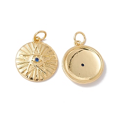 Настоящее золото 18K Реечное покрытие латунь micro pave синий кубический цирконий подвески, с целью перехода в кольце, без кадмия, без никеля и без свинца, плоские круглые со звездой, реальный 18 k позолоченный, 17x15x2.5 мм, Перейти кольцо: 5x0.6 мм, внутренний диаметр: 3.8 мм