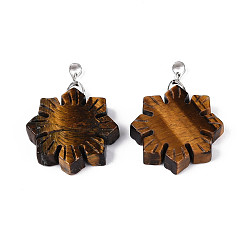 Тигровый глаз Природных тигровый глаз подвески, подвески-снежинки с дужками из нержавеющей стали, цвет нержавеющей стали, 36~38x30x6.5~7.5 мм, отверстие : 3~4x4.5~5 мм