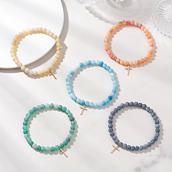 (52) Непрозрачная лаванда 304 браслеты с подвесками в виде маленького крестика из нержавеющей стали, Натуральные браслеты из выветренного агата, эластичные, для женщин., разноцветные, внутренний диаметр: 2.32 дюйм (5.9 см)