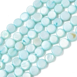 Cyan Natural Freshwater Shell Coin Beads Strands, Dyed, Flat Round, Cyan, 6~6.5x2.5mm, Hole: 0.8mm, about 66pcs/strand, 14.96 inch(38cm)