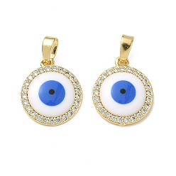 Настоящее золото 18K Латунные микро проложить кубического циркония подвески, с эмалью, плоские круглые с сглаза, реальный 18 k позолоченный, 15.5x13x3 мм, отверстие : 2.5x5 мм