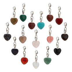 Смешанные камни 16 шт. подвески в форме сердца из натуральных и синтетических драгоценных камней, с латунными карабин-лобстерами , платина, 38 мм