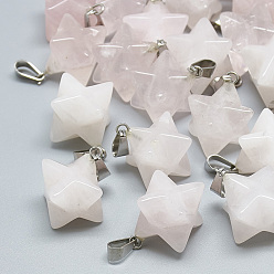 Розовый Кварц Природного розового кварца подвески, с защелкой из нержавеющей стали на поручнях, Звезда Меркабы, 21~23x16~17x16~17 мм, отверстие : 6x4 мм
