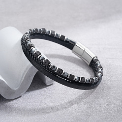 Roca de Lava Pulseras de cuero sintético PU trenzado con cuentas cúbicas de roca volcánica natural y hematita sintética no magnética, con cierres magnéticos de acero inoxidable., color acero inoxidable, 3 pulgada (304 cm)