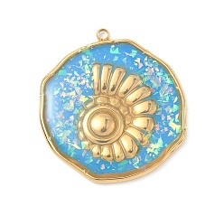 Deep Sky Blue 304 Stainless Steel Epoxy Resin with Natural Shell and Sequins Inside Pendants, Flat Round with Shell Shape Charms, Real 18K Gold Plated, PVD Vacuum Plating, Deep Sky Blue, 28x26x3mm, Hole: 1.5mm