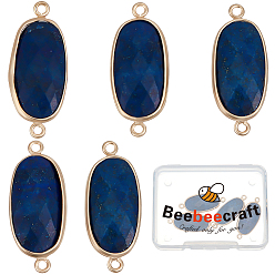 Lapis Lazuli 5Pcs Natural Lapis Lazuli Connector Charms, with Light Gold Plated Edge Brass Loops, Faceted Oval Links, 27x11x5.5mm, Hole: 2mm