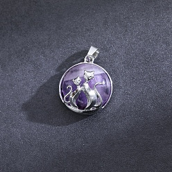 Amethyst Flat Round with Cat Natural Amethyst Pendants, with Platinum Alloy Finding, 32x22mm