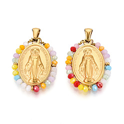 Разноцветный 304 подвески из нержавеющей стали, овальные с рисунками " virgin mary", со стеклянными бусинами, ионное покрытие (ip), реальный 18 k позолоченный, граненые, красочный, 29x23x4 мм, отверстие : 5x3.5 мм
