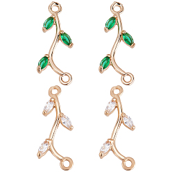 (52) Непрозрачная лаванда 20 шт. 2 цвета латунь микро паве кубический цирконий соединительные подвески, золотой свет, долговечный, без кадмия и без свинца, филиал, разноцветные, 20~21x8.5x3 мм, отверстие : 1.5 мм, 10 шт / цвет