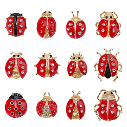 Красный 1 эмалевые булавки в виде божьей коровки, значки со стразами из железного сплава для лацканов одежды рюкзака, красные, 19.5~26x16~23 мм, 12 шт / пакет