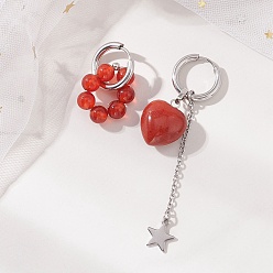 Красный Агат Сердечко ко Дню святого Валентина 304 Серьги-кольца из нержавеющей стали, с естественным сердолика, цвет нержавеющей стали, слева и справа, 28.5x21 мм