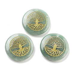 Зеленый Авантюрин Резные подвески из натурального зеленого авантюрина, плоская круглая с подвесками дерево жизни, 30x7 мм, отверстие : 1.8 мм